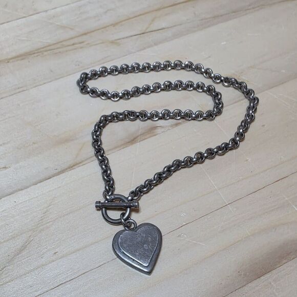 Sterling Silver 925 Cable Link Toggle Necklace Heart Charm 16 In Weighs 52 Grams - Picture 1 of 6